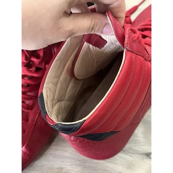 GUCCI BAMBI GUCCISSIMA EMBOSSED Red LEATHER HIGH TOP SNEAKERS uk 11.5 US 12 - Picture 2 of 12